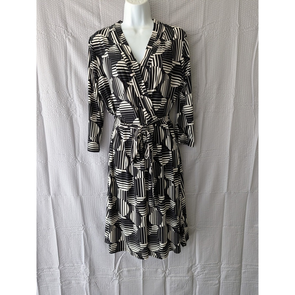 Liz Claiborne Black White Geometric Optical Print Wrap Dress Large